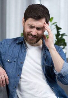 man with severe headache is at home the patient is sitting on the couch